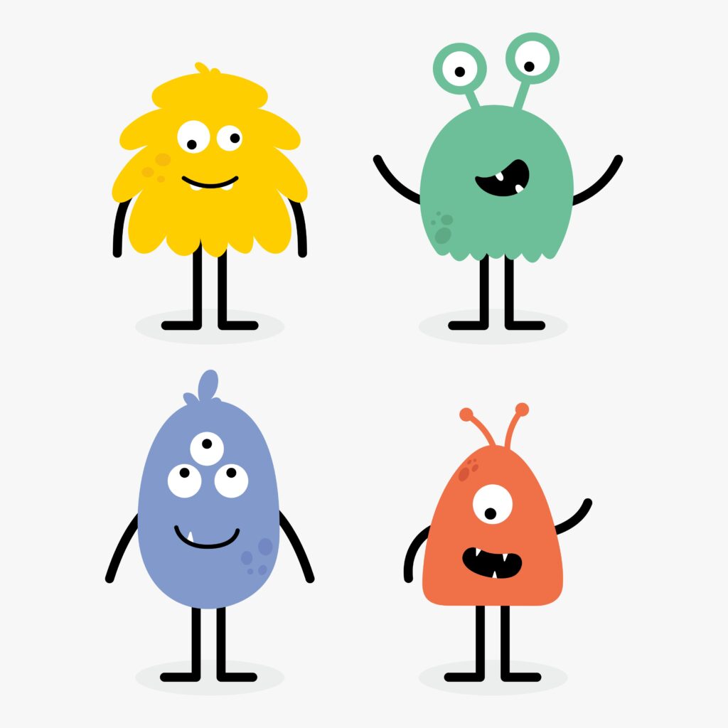 kleine Monster in verschiedenen Farben, die Zeitfresser darstellen